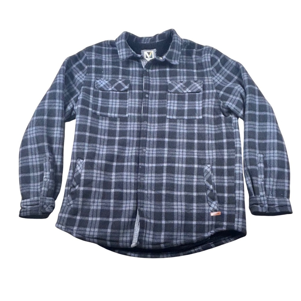 Voyager Mens XL Plaid Fleece Sherpa Lined Shirt Jacket Shacket Black Grey 1383